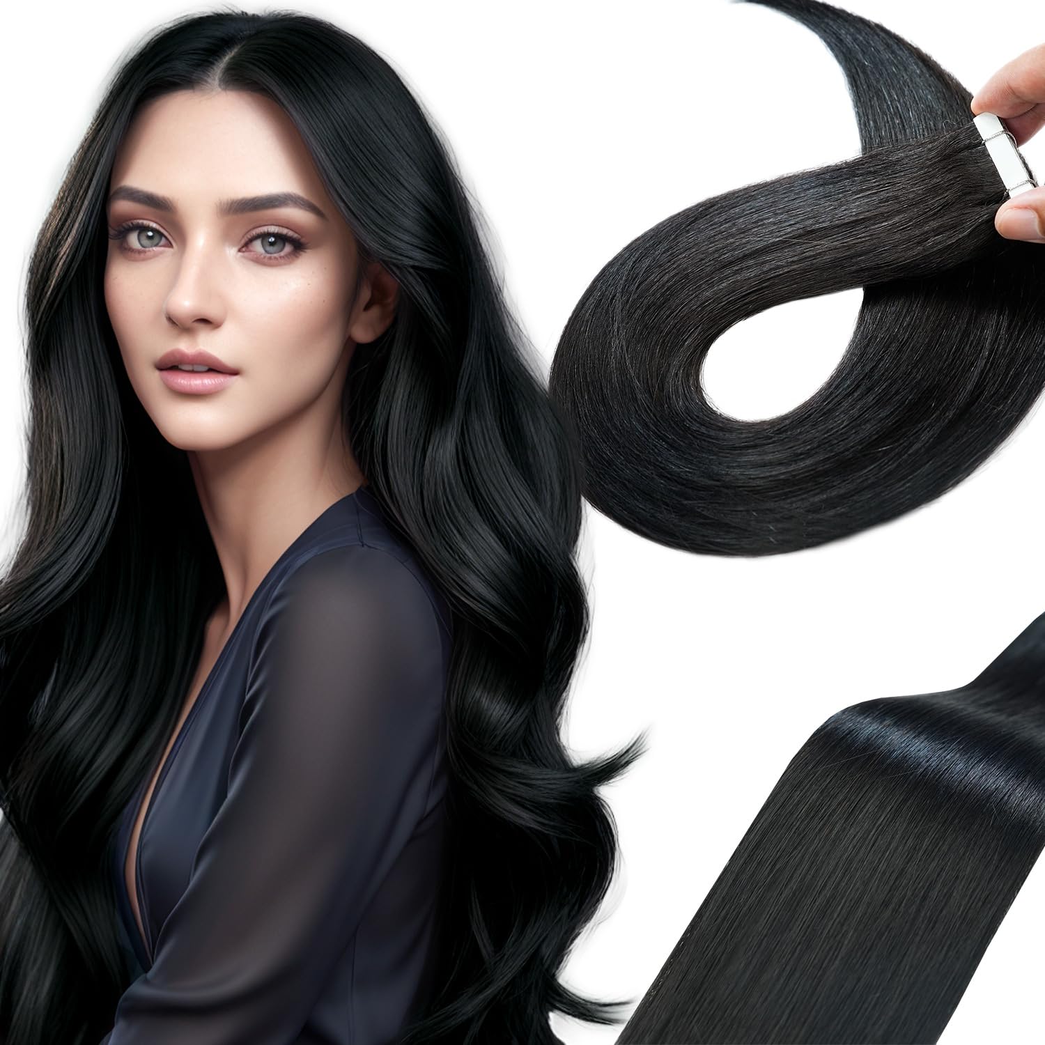 LieblichWelle Tape in Hair Extensions Human Hair Jet Black 24 inch, 20pcs, 50g/Pack - Salon-Grade Quality, Easy Comfort Wear for Young Women (Jet Black, 24 inch)