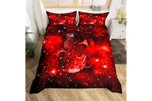 Feelyou Galaxy Dragon Duvet Cover Kids Chic Outer Space Starry Sky Bedding Set Jungle Animals Dragon Comforter Cover for Boys Children Teens Bedroom Decor Red Black Bedspread Cover Queen Size