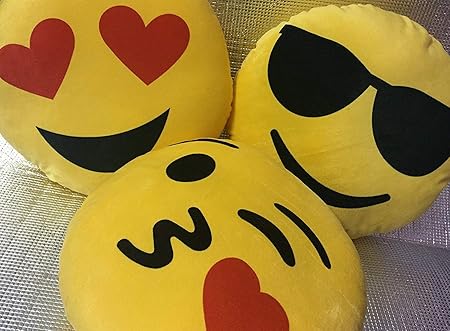 Frantic Soft Plush Emoji Flying Kiss, Heart Eyes and Cool Dude Smiley Cushion Pillows - Set of 3