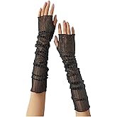 OYOANGLE Women's Glitter Lace Sheer Arm Sleeve Elbow Length Fingerless Long Tulle Gloves