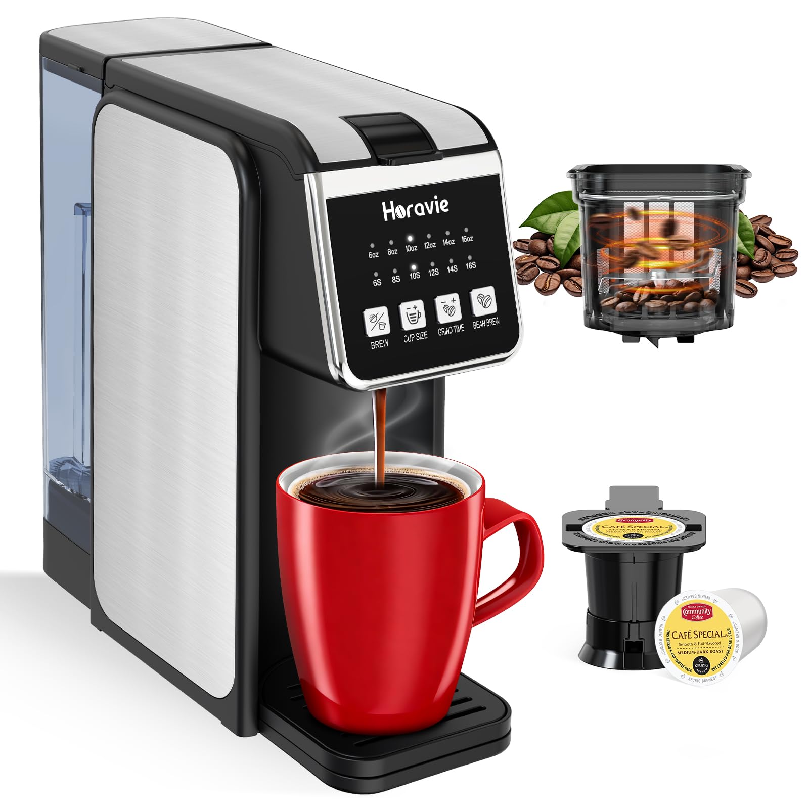 Photo 1 of Horavie Single Serve Coffee Maker with Built-in Grinder, Fast Brew 6-16oz Single Cup for Whole Beans, Grounds, K-Cup, Grind and Brew Coffee Maker with 47oz Water Tank, Descaling Alert, Black