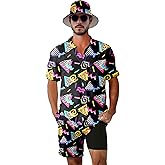 VUGOTU Men's 2 Piece Tracksuit 80s 90s Outfit Button Down 80s Shirts and Shorts Sets with Bucket Hats