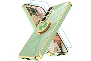 Gritup for Samsung Galaxy S25 Case: with 2Pcs Screen Protector, 360° Rotation Ring Holder Magnetic Kickstand, Plating Gold Edge Soft TPU Shockproof Protective Cover for Galaxy S25, Pea Green