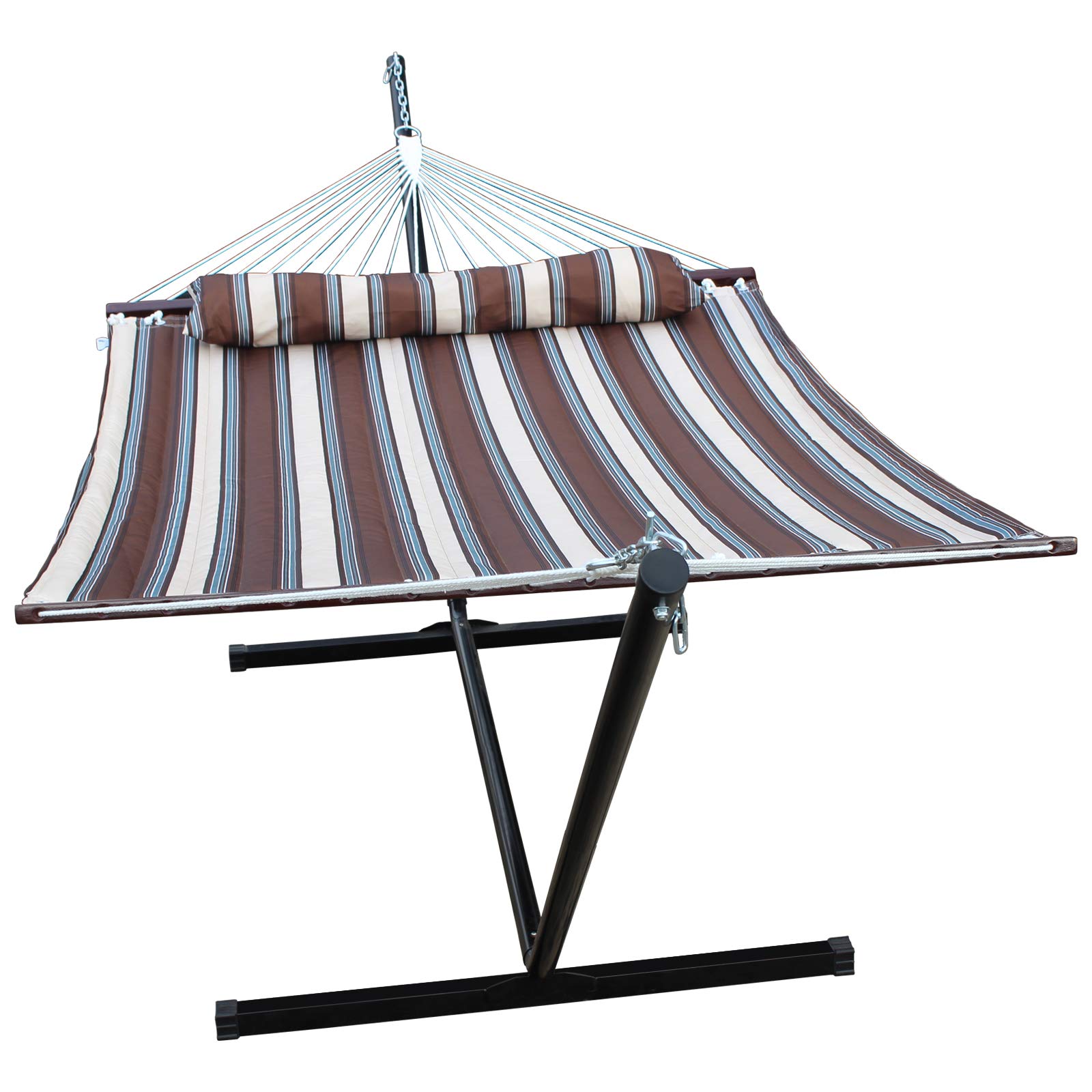 SUNLAX Two Person Hammock with 12FT Portable Steel Stand and Spreader Bar, Detachable Pillow, Quilted Fabric Swing,Coffee Stripe