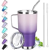 GUDEMAO 30 oz Tumbler with Handle, Stainless Steel Insulated Tumbler with Lid and Straw, Double Wall Vacuum Coffee Mug Tumbler, Insulated Coffee Thermal Cup for Cold and Hot (Light Dark Purple)
