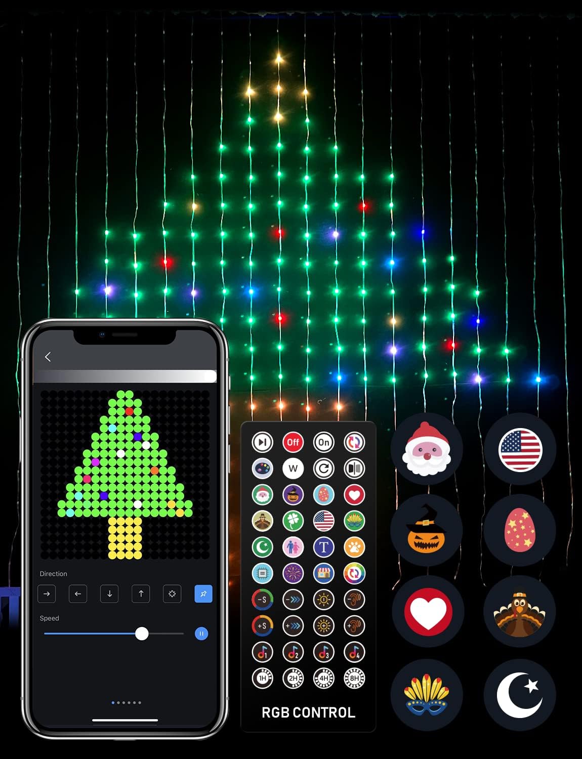 String Lights - Aoycocr Curtain lights, Bluetooth Curtain Lights Outdoor, Static Dymanic Modes, 400 LEDs Christmas Lights, RGB Color Changing Curtain String Light, 144 Animations, 6.56 by 6.56 ft Indoor Outdoor Decor