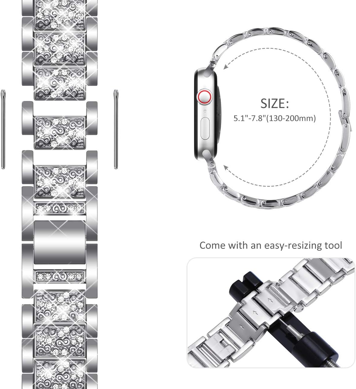 NewWays Compatible with Apple Watch Strap 38mm 40mm 41mm 42mm(Series 11/10),Women Sparkling Bling Stainless Steel Link Bracelet Replacement Band for iwatch Series 11/10/9/8/7/6/5/4/3/2/1/SE,Silver - Image 4
