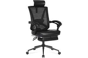 Misolant Ergonomic Office Chair with Footrest, Ergonomic Desk Chair with Adjustable 2D Lumbar Support, High Back Computer Chair with Adjustable Headrest, Comfortable Leather Office Chairs -Black