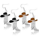 2 Pairs Rhinestone Sparkly Western Boots Dangle Earrings Cowgirl Cowboy Enamel Hat Bohemian Rodeo Boot Drop Dangle Earrings for Women