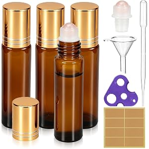 Fcgbdbz 4 Pack 10ml Rose Quartz Roller Ball Applicator for Essential Oils | Rose Quartz Roller Bottle, Travel Amber Glass Rol