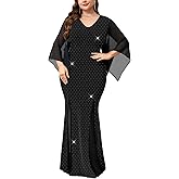 CYCLAMEN Plus Size Sparkly Formal Dress V Neck Handkerchief Sleeve Bodycon Mermaid Maxi Evening Gown Cocktail Party Prom