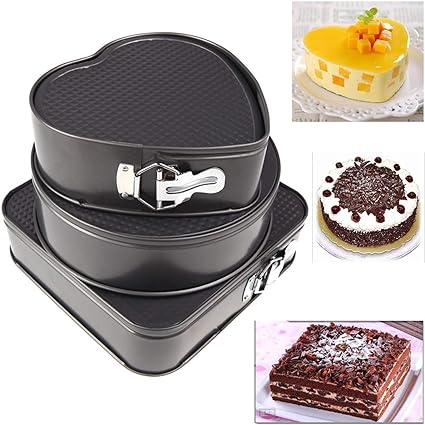 Kurtzy Heart/Round/Square Shaped Springform Non Stick Baking Pan (Set of 3)(Black)