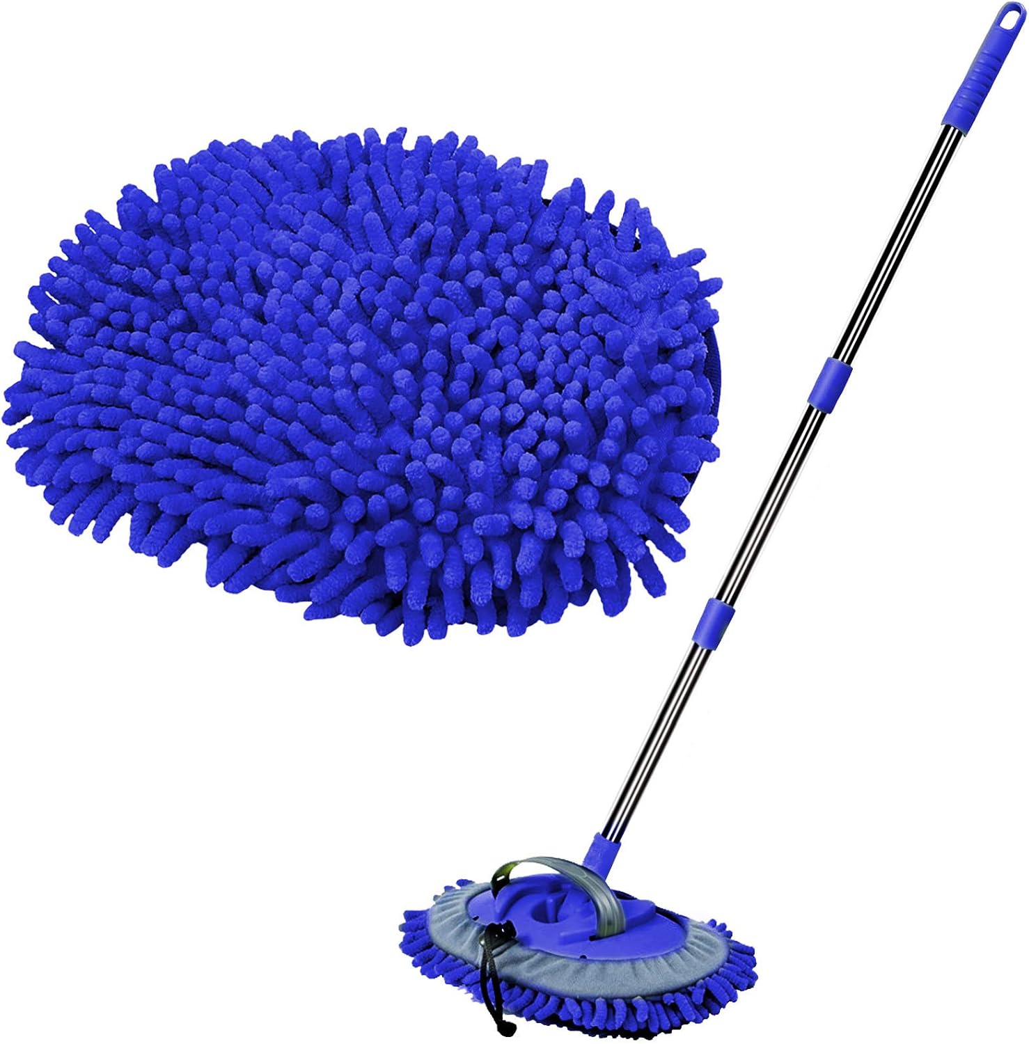 WillingHeart 47.5" Car Wash Brush Mop Cleaning Tool with Long Handle Kit for Washing Detailing Cars Truck, SUV, RV, Trailer, Boat 2 in 1 Chenille Microfiber Sponge Duster Not Hurt Paint Scratch Free: Automotive