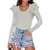 ZESICA Womens Ruffle Long Sleeve Scoop Neck Shirt Striped Slim Fitted Casual Basic Tee Tops Trendy Spring Clothes