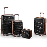 TRAVELEO 4 Piece Luggage Set PP Hardshell, Expandable Suitcase Set (20/24/28) with 14" Cosmetic Case, Lightweight Spinner Wheels with TSA Lock, Detachable Wheels for Nesting Storage (Black)