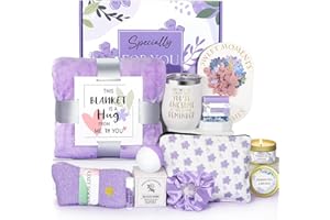 GIFTPIONEER Birthday Gifts for Women, Self Care Gifts for Women, Relaxing Spa Gifts Basket Care Package w/Flannel Blanket, Mothers Day Gifts for Mom Her Best Friend Grandma Sister Wife (Purple)