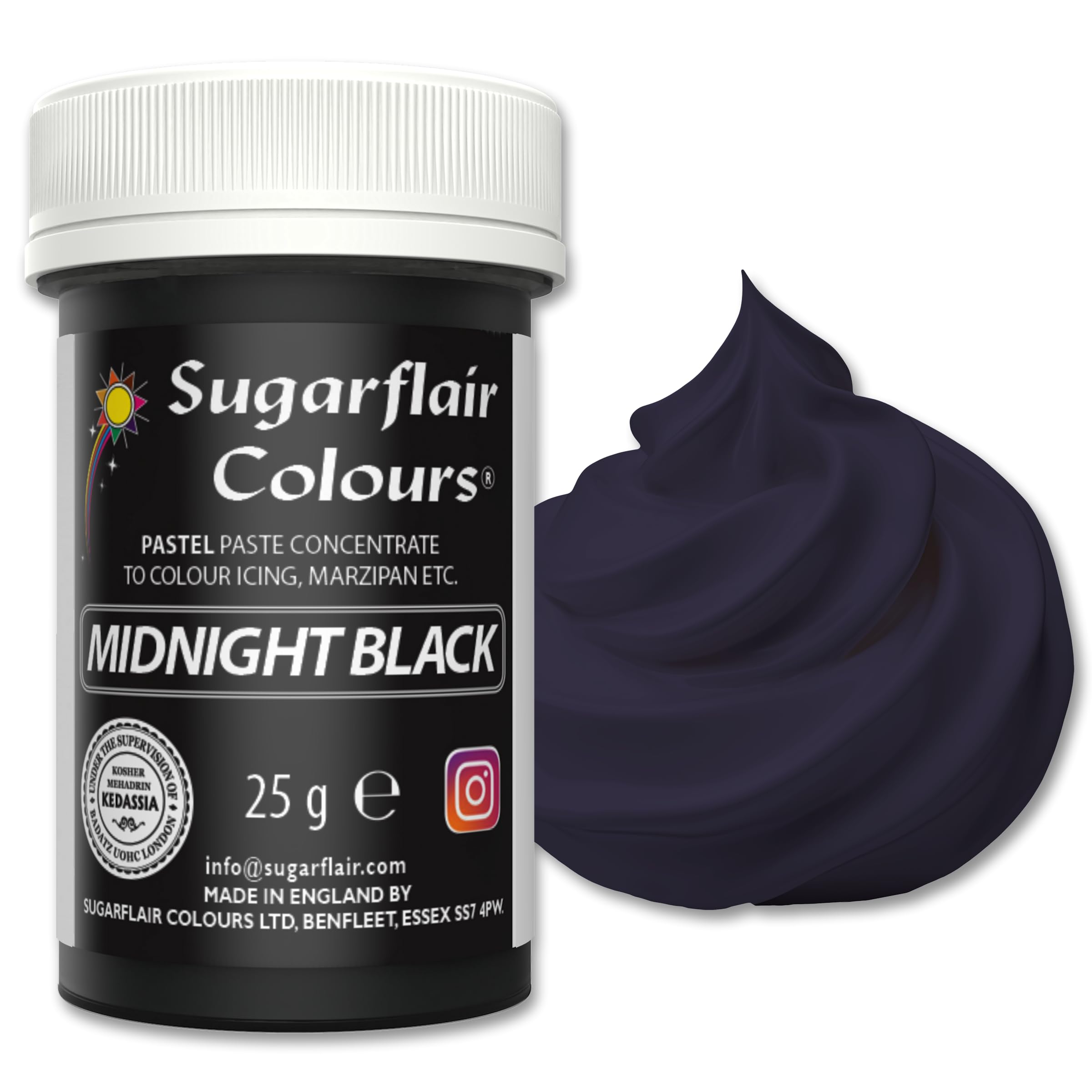 Sugarflair Pastel Midnight Black Food Colouring Paste 25g - Concentrated Paste Food Dye for Cake Decorating, Fondant, Buttercream, Cake Batter and More - Vegan, Kosher, Bake-Stable