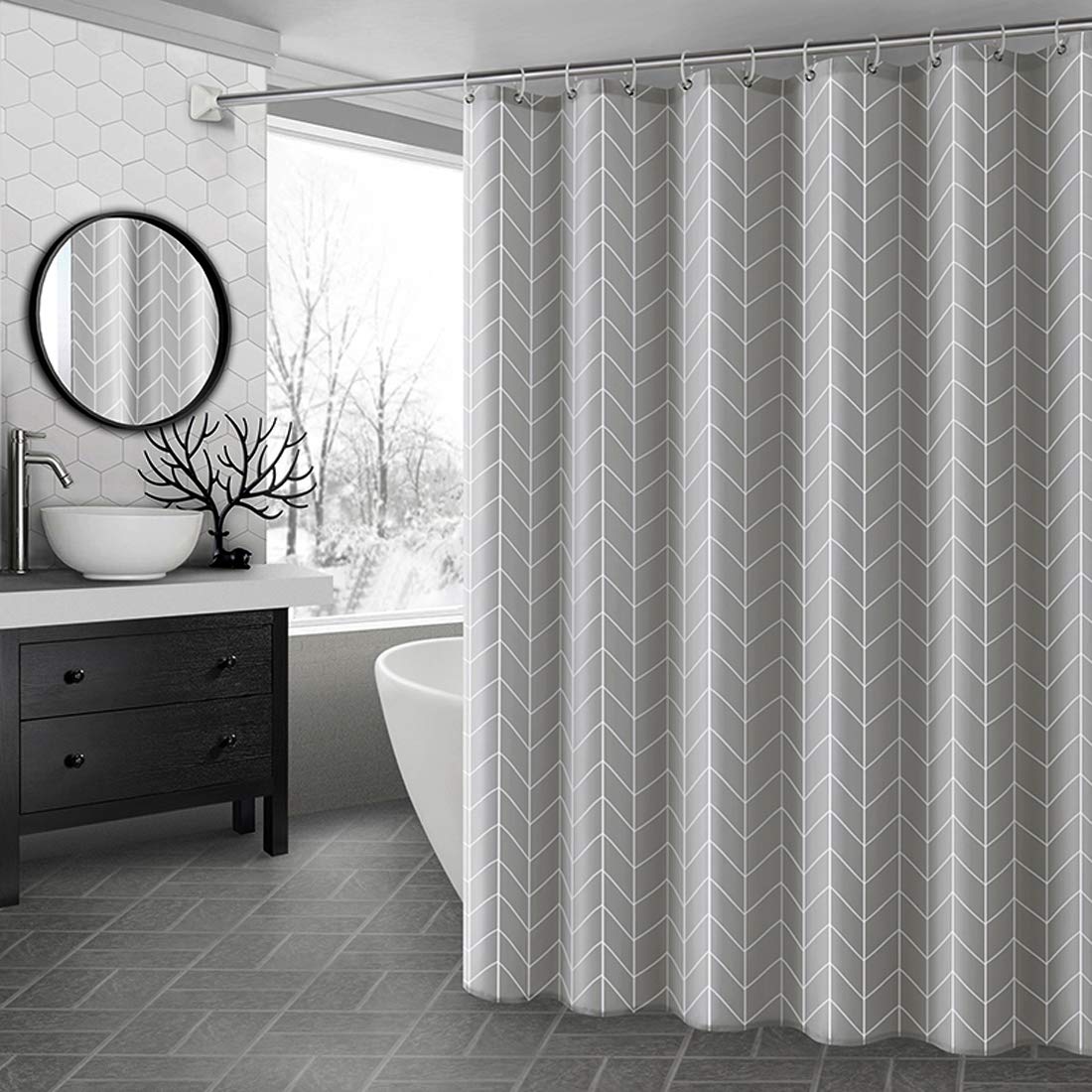 Aisaving Shower Curtain Polyester Fabric Bathroom Curtains Mould proof Water Resistant Shower Curtains with Plastic Curtain Rings and Heavy Weighted Hem, 180x180cm(Grey Stripe)