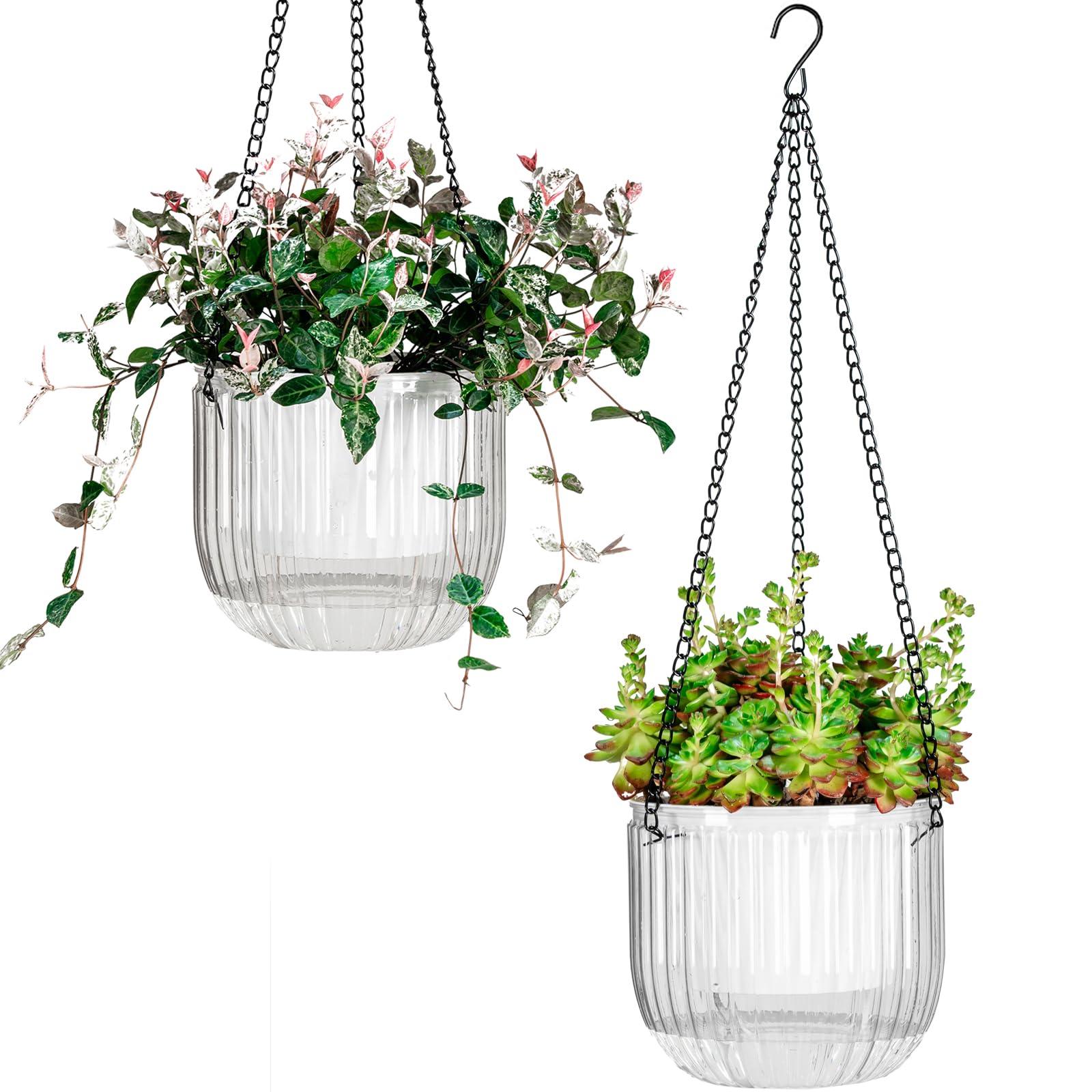Josteve 6.5 Inch 2 Pcs Self Watering Hanging Planter Indoor Plant Pots with Drainage Holes, Outdoor Hanging Planters Flower Pot Basket, Visible Water Level, Plant Hanger Home Decor, Gardening