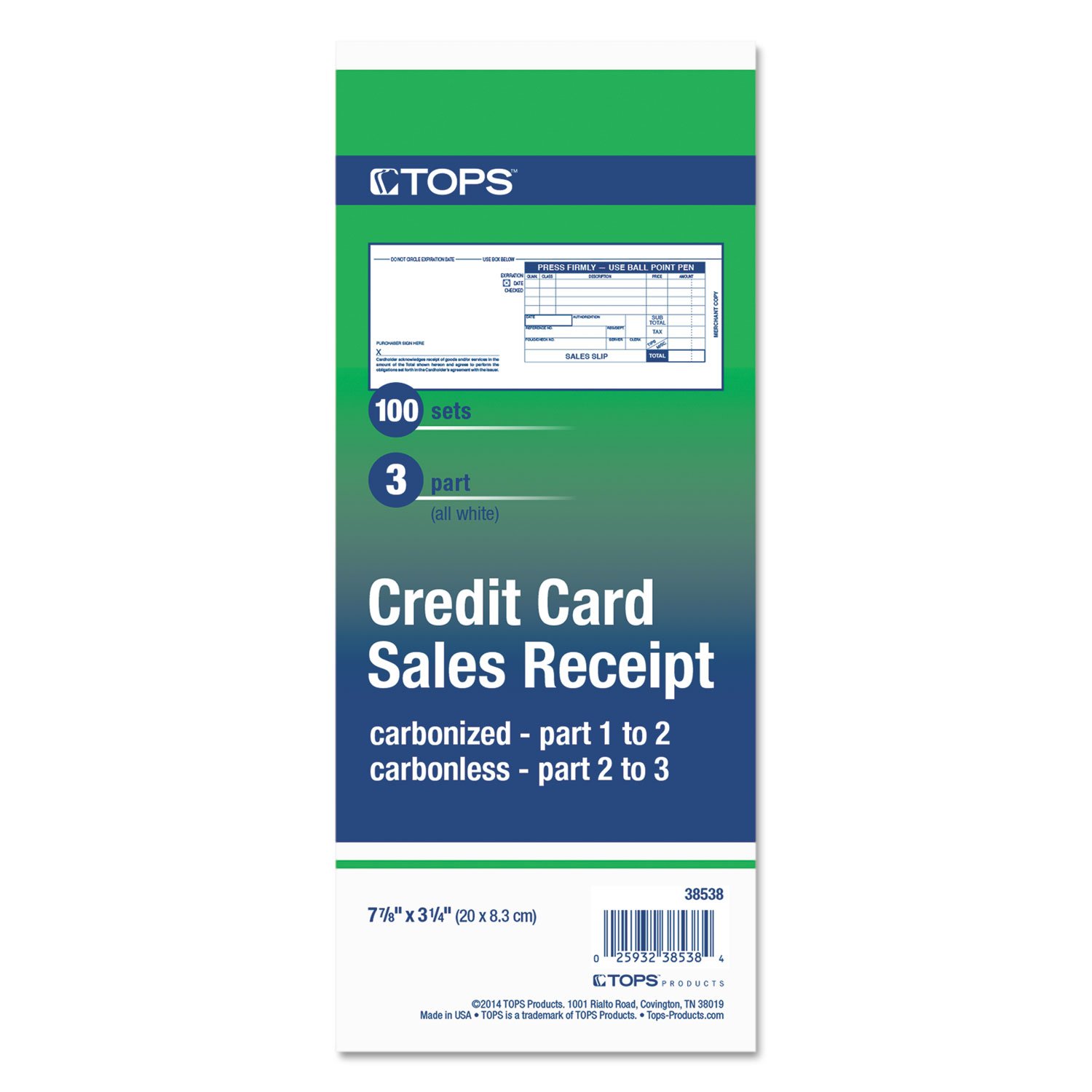 TOPS 38538 Credit Card Sales Slip, 7 7/8 x