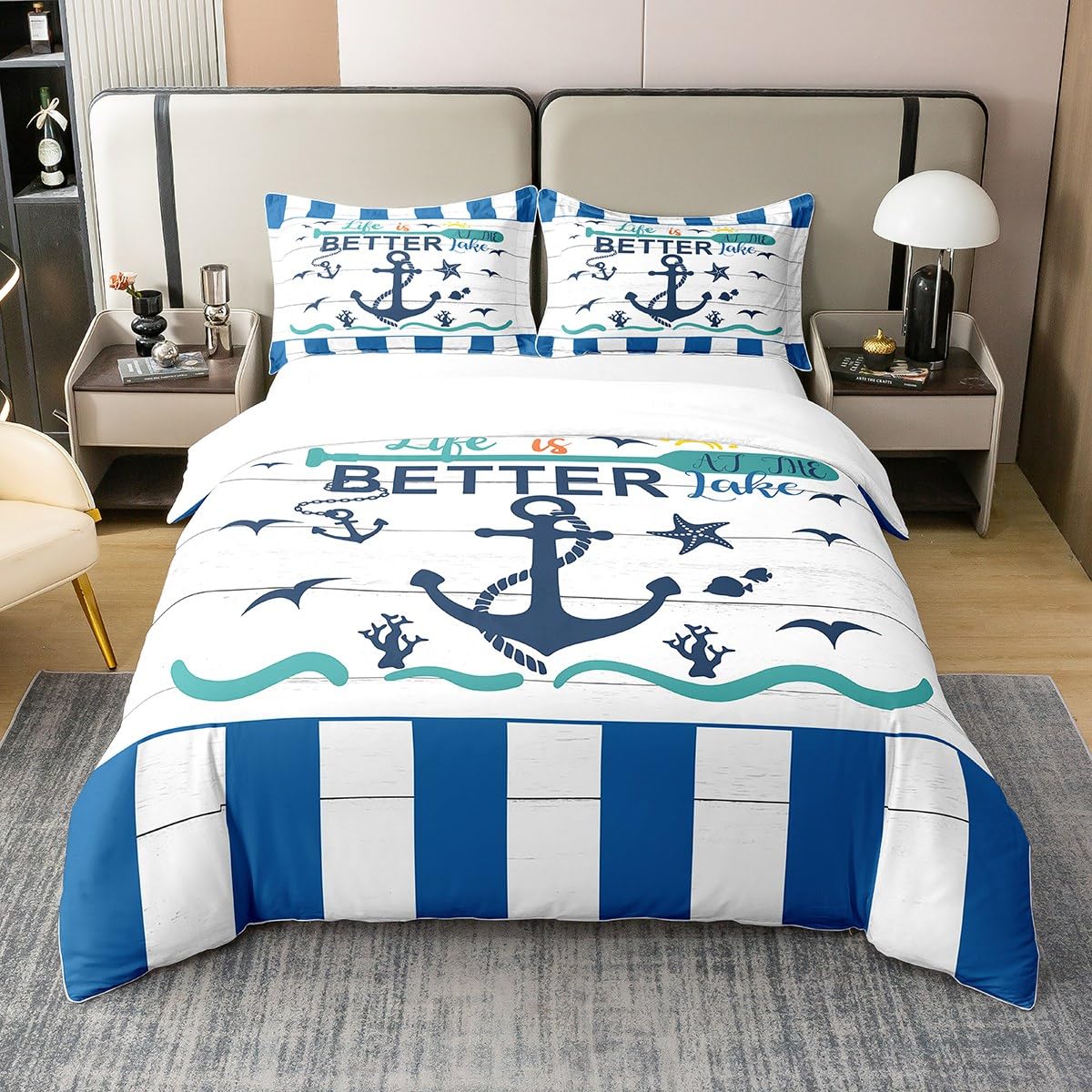 Homewish 100% Cotton Nautical Anchor Duvet Cover Single,Coastal Starfish Coral Seagull Bedding Set for Kids Boys Girls,Rustic Lake House Comforter Cover,Farm Style Wooden Bed Sets with 1 Pillowcase