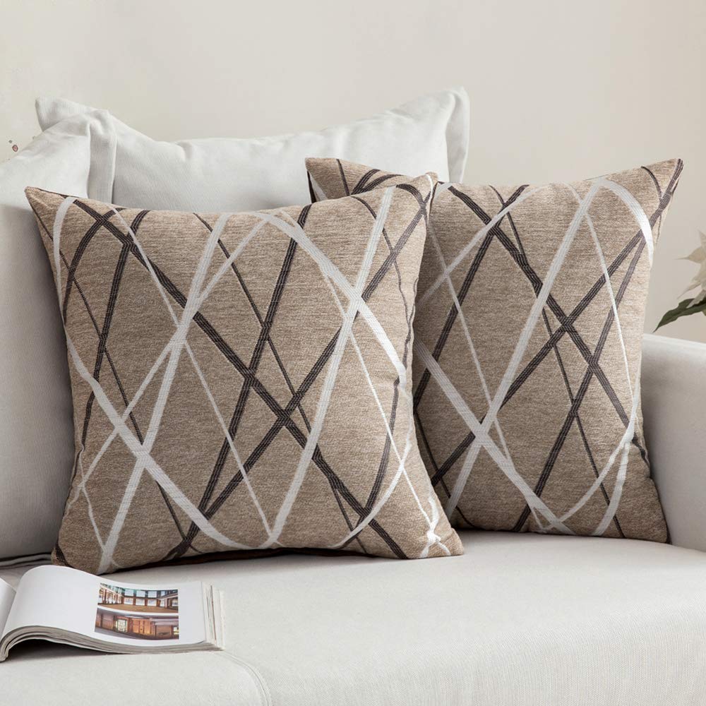 MIULEE Cushion Covers Cushions for Sofa Modern Line Decorative Square Luxury Pillowcases for Couch Livingroom Sofa Bed with Invisible Zipper 40cm x 40cm 16x16 Inches 2 Pieces Light Coffee