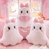 Yookeer Pink Halloween Ghost Throw Pillows Cute Pink Bow Ghost Plush | 12 Inch, Pink Halloween Decor, Ghost Shaped Pillows, Pink Bow, Aesthetic, Spooky, Halloween Party, Home Office Couch Sofa
