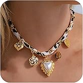 Scarf Necklace with Charm,Vintage Bandana Necklace for Women with Hammered Heart,Tiger Eye Stone,Ceramic Flower and Pearl Heart Pendant,Gold Stainless Steel Silk Charm Necklace for Women,Gift Jewelry