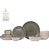 Sango 16-Piece Stoneware Dinnerware Set for 4, Glossy Cream/Green Plates and Bowls Sets with Reactive Glaze, Ceramic Dish Set, Modern Dishes for Everyday Use, Microwave & Dishwasher Safe, Resona Moss