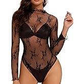 Buauty Mesh Bodysuit for Women Lace Body Suits Women Long Sleeve Sheer Mesh Top See Through Mock Neck Sexy Clothes