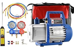 Supllueer Vacuum Pump 110V 1/3 HP 4CFM Single Stage Rotary Vane and R134a AC Manifold Gauge Set Kit No Oil with Leak Detector and Carry Bag for HVAC Air Conditioning Refrigeration Recharging