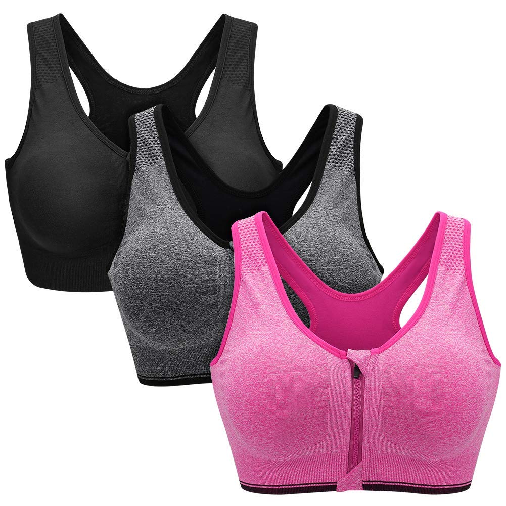 3 Piece Women Sports Bra Front Fastening High Impact Zip Front Plus Size Post Surgery Bras Crop Top With Adjustable Straps Wirefree Workout Gym