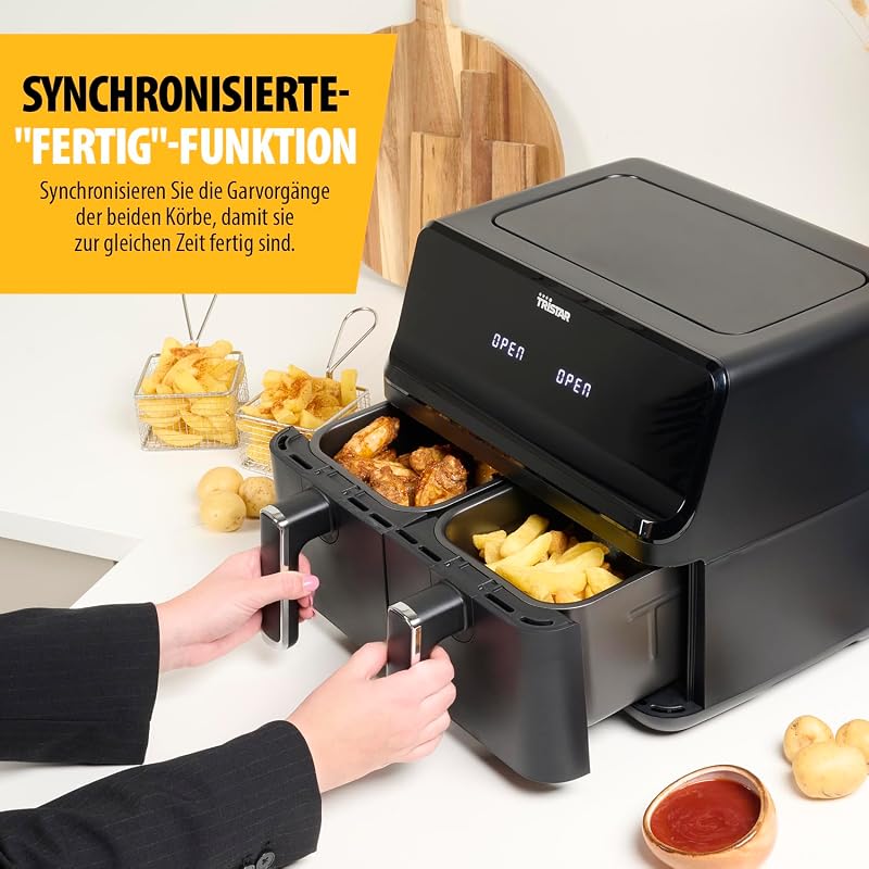 digitale Heißluftfritteuse mit Doppelkorb - 2 x 4 L Fassungsvermögen - 2700 W - 8 Programme - Temperatur pro Korb einstellbar, Blacks, FR-9026, Schwarz