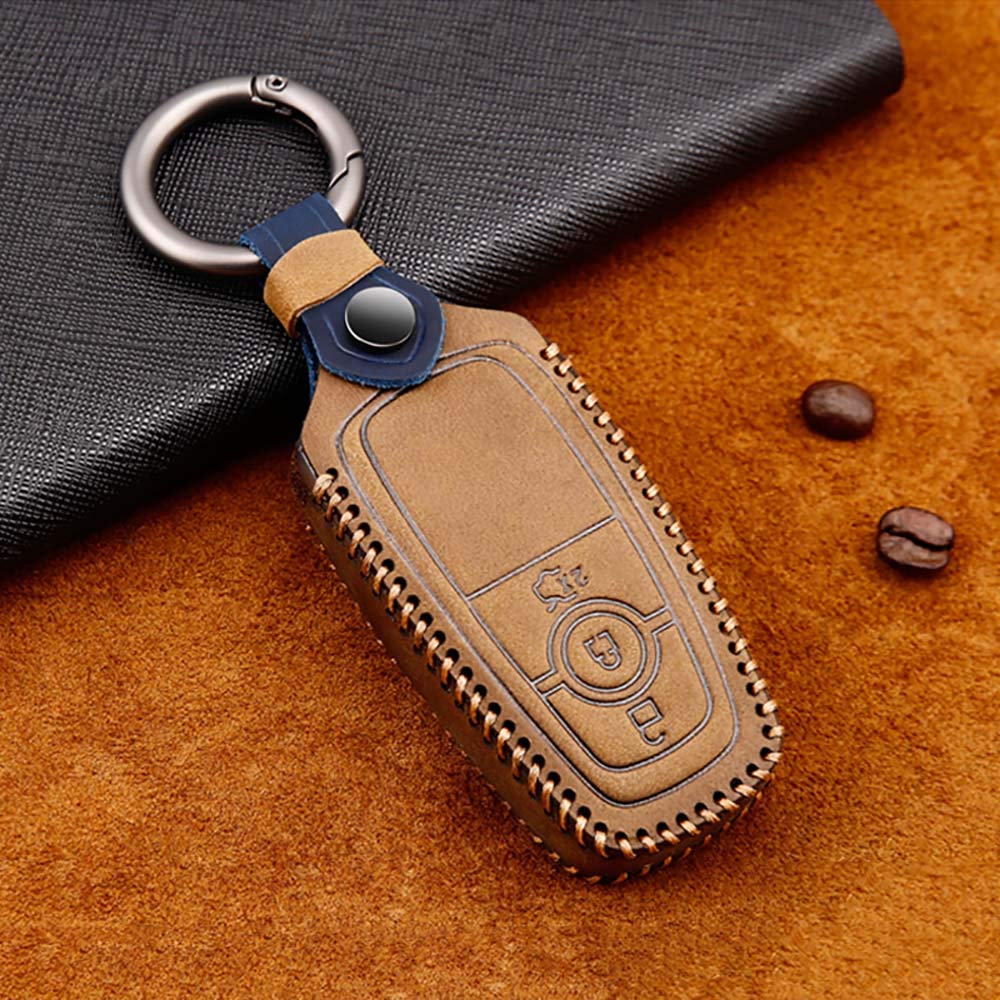 ontto for Ford Car Key Cover Leather Key Fob Cover Holder Protector for Ford C-Max Focus 3 MK3 ST RS Galaxy Mondeo S-Max Transit Tourneo Custom Ranger Fusion Bantam Kuga Escape Ecosport Keyring Brown