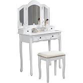 Roundhill Furniture Sanlo Wooden Vanity | Make Up Table and Stool Set | White