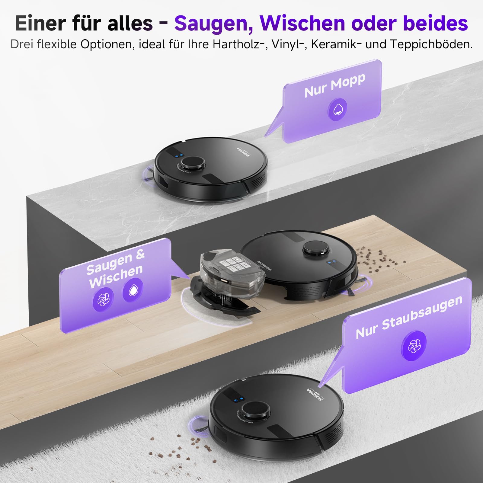 MONSGA Saugroboter mit Wischfunktion, 3.5L Staubsauger Roboter mit Absaugstation, 5000Pa Saugkraft, 180Min Laufzeit, LiDAR Navigation, Starke Saugkraft ideal für Teppich und Tierhaare, APP Steuerung 3
