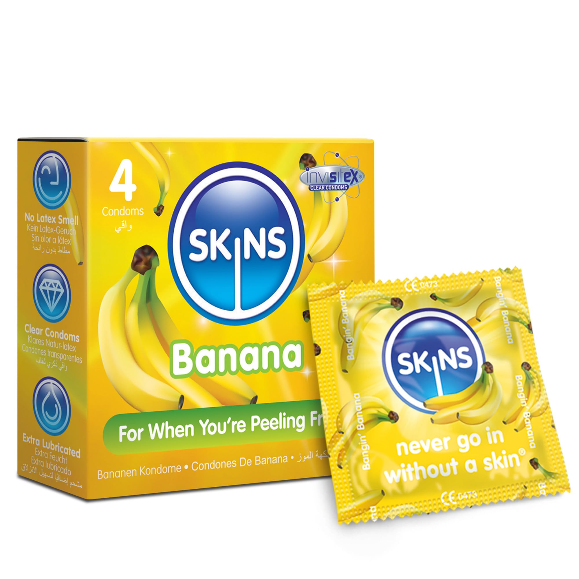 Skins Banana Flavoured Condoms Thin Extra Feel, 4 Pack of Premium Skins Extra Safe Pleasure Condom for Adults, Ultra Thin for Oral Extra Pleasure