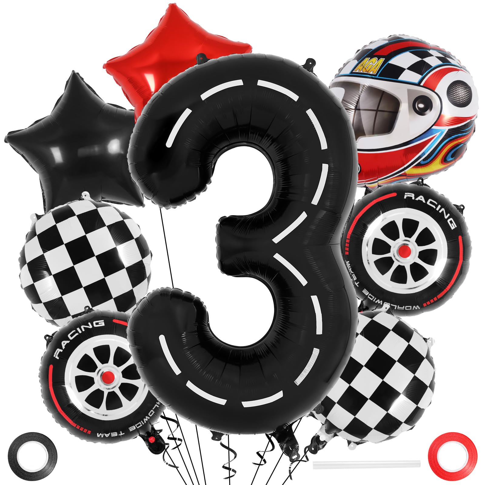 Photo 1 of Race Car 3 Balloons, 40 Inch Racetrack Number 3 Balloon, Large Foil Mylar Racetrack Black 3 Balloon for 3 Year Old Birthday Race Car Themed Party Decoration