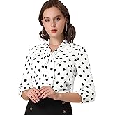 Allegra K Women's Printed Ruffle Shoulder Elastic Cuff Bow Tie Neck Blouse