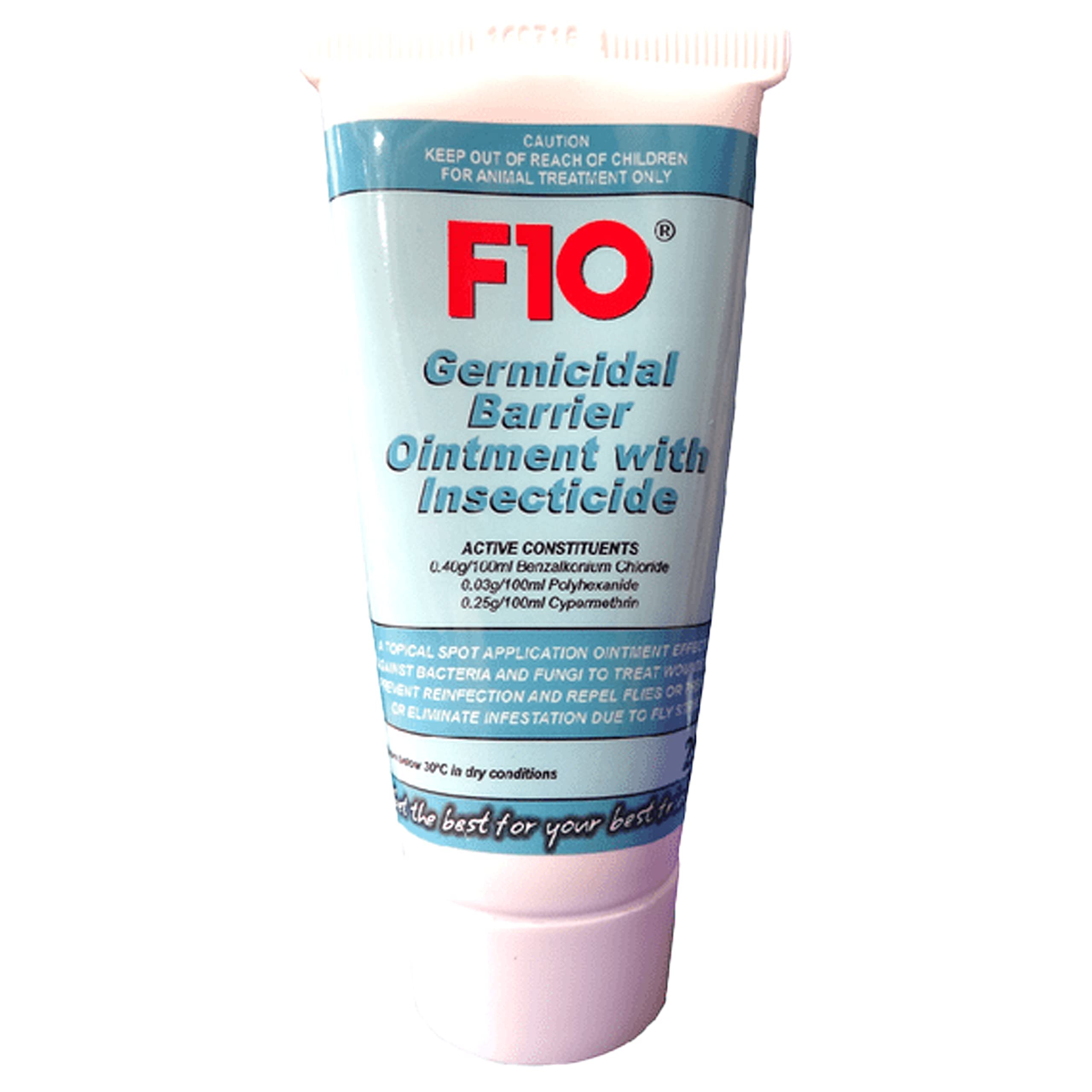 F10 Germicidal Barrier Ointment with the added insecticidal activity of Cypermethrin (0.25%) and Piperonyl Butoxide (1.25%) (x 25g tube)