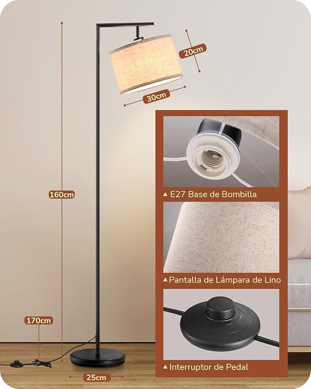 Candeeiro de chão minimalista com abajur bege, soquete E27, compatível com várias lâmpadas, candeeiro de arco preto de 160 cm com abater ajustável para quarto, sala de estar, escritório
