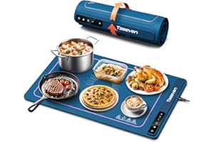 Taseven Food Warming Mat, Silicone Heating Tray with 7 Temperature Settings, Quick Full Surface Heating Pad, Thermochromic Line, Kids Lock, Food Warmers for Parties