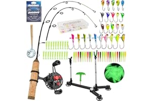QualyQualy Ice Fishing Rod Reel Combo Complete Set Ice Fishing Gear with Backpack Seat Ice Cleats Ice Fishing Jigs Line Full Ice Fishing Kit 24" 26"