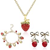 Roe Dolph Strawberry Jewelry Set Gold Enamel Red Strawberry Necklace Dangle Earrings Pearl Charm Bracelet for Women Strawberry Costume Christmas Jewelry Gifts