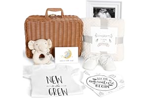 iAOVUEBY Baby Shower Gifts, Baby Gifts Essential for New Girls Boys, Unique Rattan Gift Basket Newborn Blanket Elephant Rattle Infant Footprint Photo Keepsake Babies Onesie Bibs Shoes Infant Gift Set