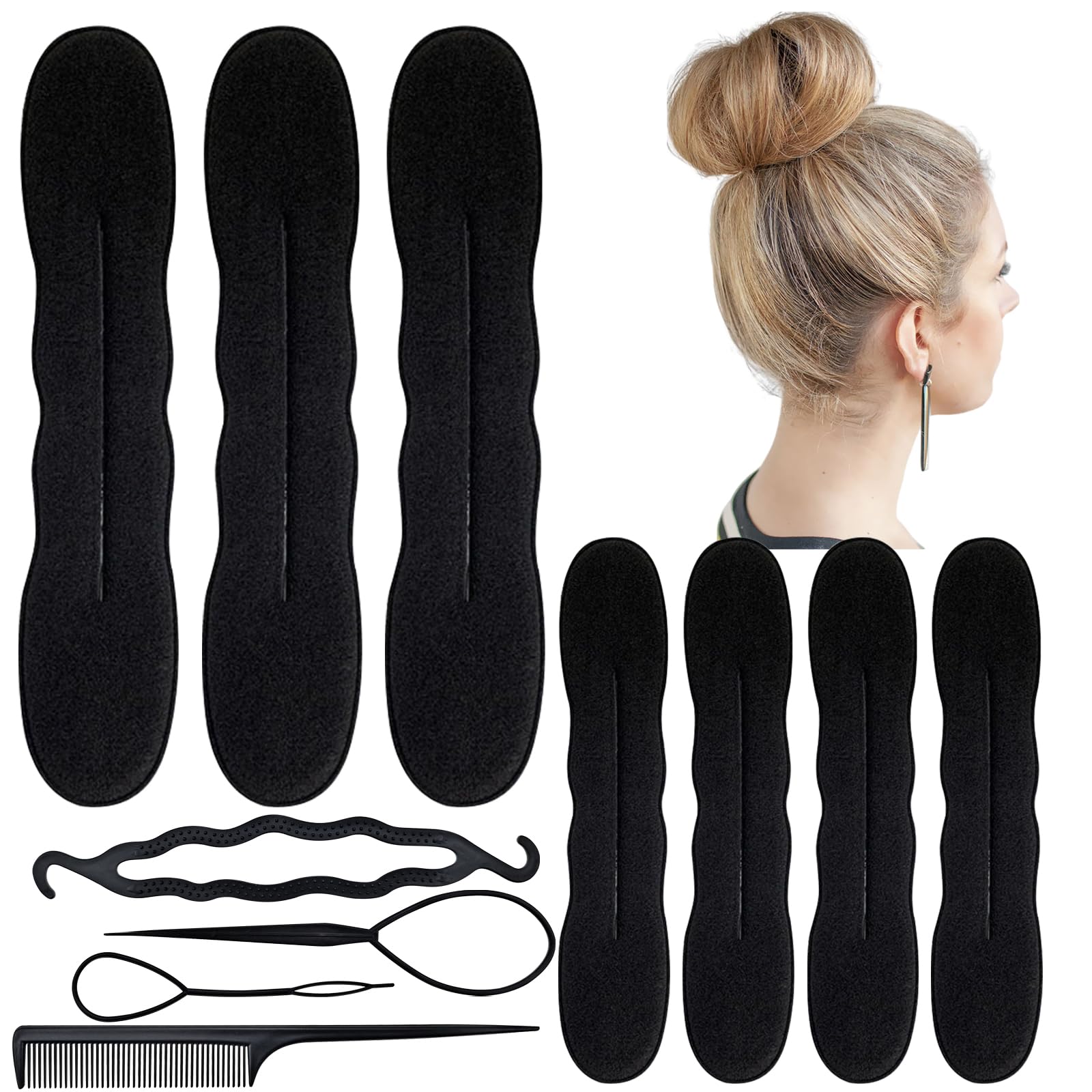 Photo 1 of 14PCS Hair Bun Maker Kit - 5 Large, 5 Small Soft Foam Sponge Buns With 4PCS Twist Tool and Comb - Lazy Curler Clips, Easy Magic Snap Roll Donut Maker for Women