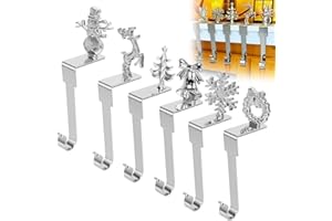 PTUI Set of 6 Christmas Stocking Holders Snowflake, Reindeer, Tree, Snowman, Bell & Wreath for Mantel Decoration Silver Gold