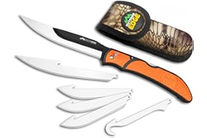 OUTDOOR EDGE RazorBone Replaceable Blade Folding Hunting Knife with Clip & Sheath, 3 Butcher Knife Blade Styles - Boning, Gutting, & Skinning Knives. Blaze Orange, Camo Sheath, 6 Blades & Blade Box