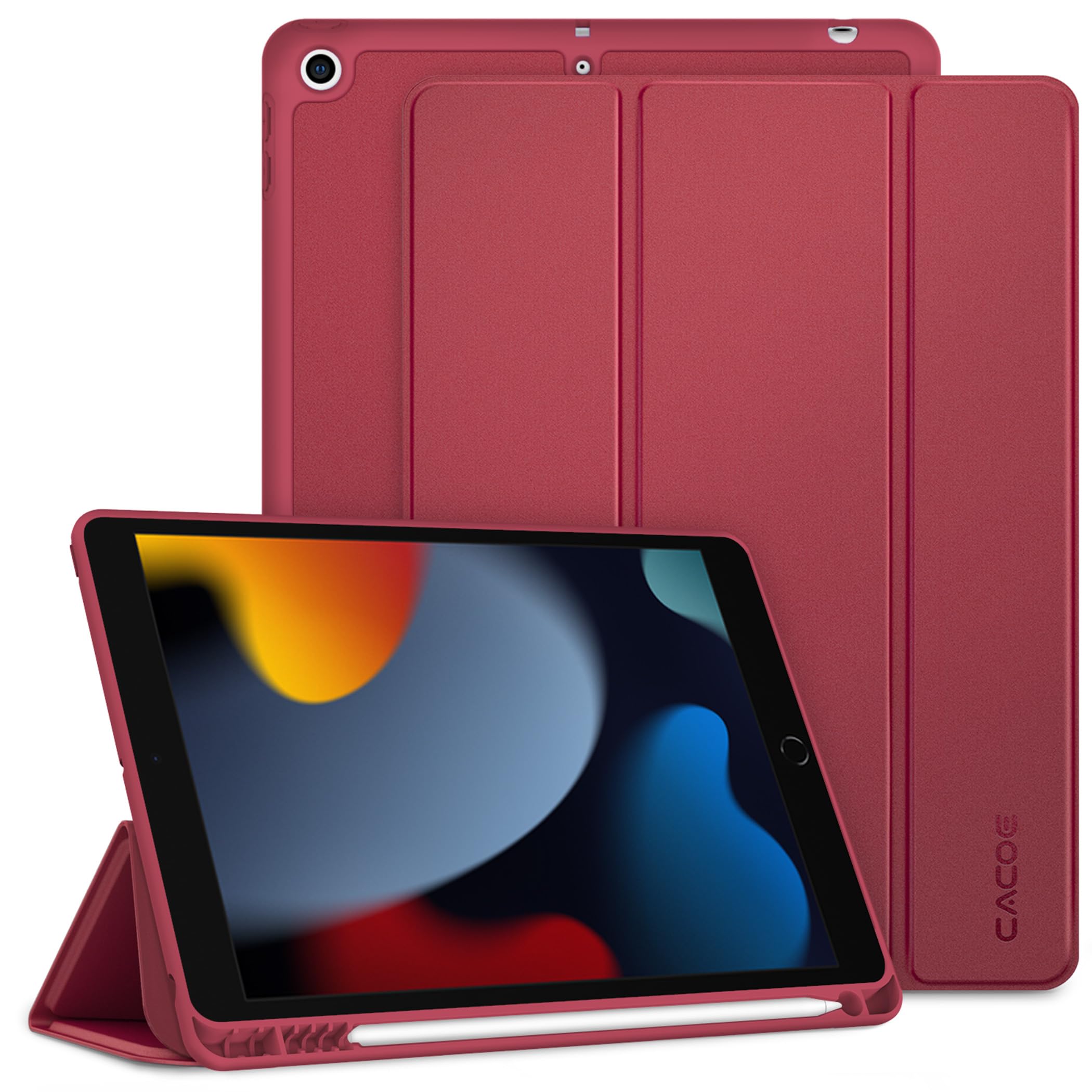 CACOE Case Compatible with iPad 9th /8th /7th Generation 2021 2020 2019, 10.2 Inch Case with Pencil Holder, Soft TPU Back Cover Auto Wake/Sleep, Wine Red