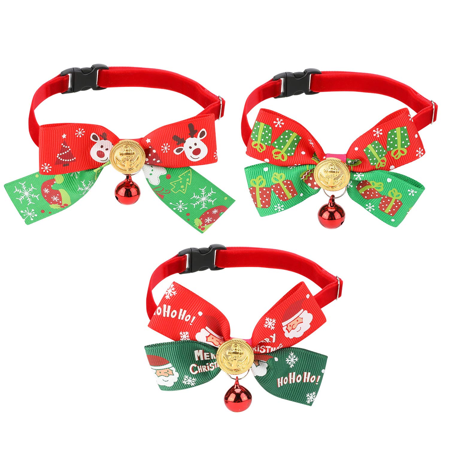 3 Pack Christmas Pet Collar, Xmas Cat Dog Collar with Reindeer Christmas Trees Snowflake Pattern Bowtie & Red Bell, Cute Fashion Bow Tie Xmas Costume for Cats & Small Dogs Pets
